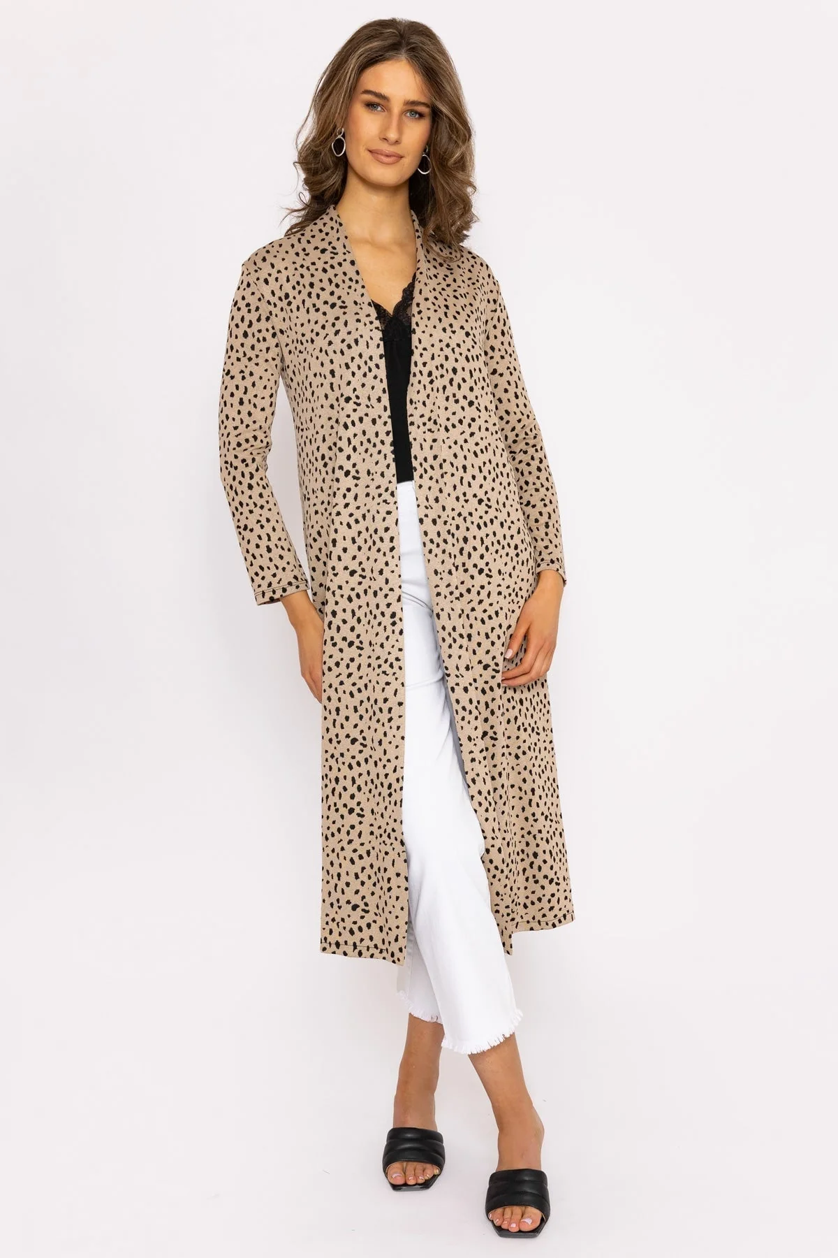Long Printed Cardigan in Camel
