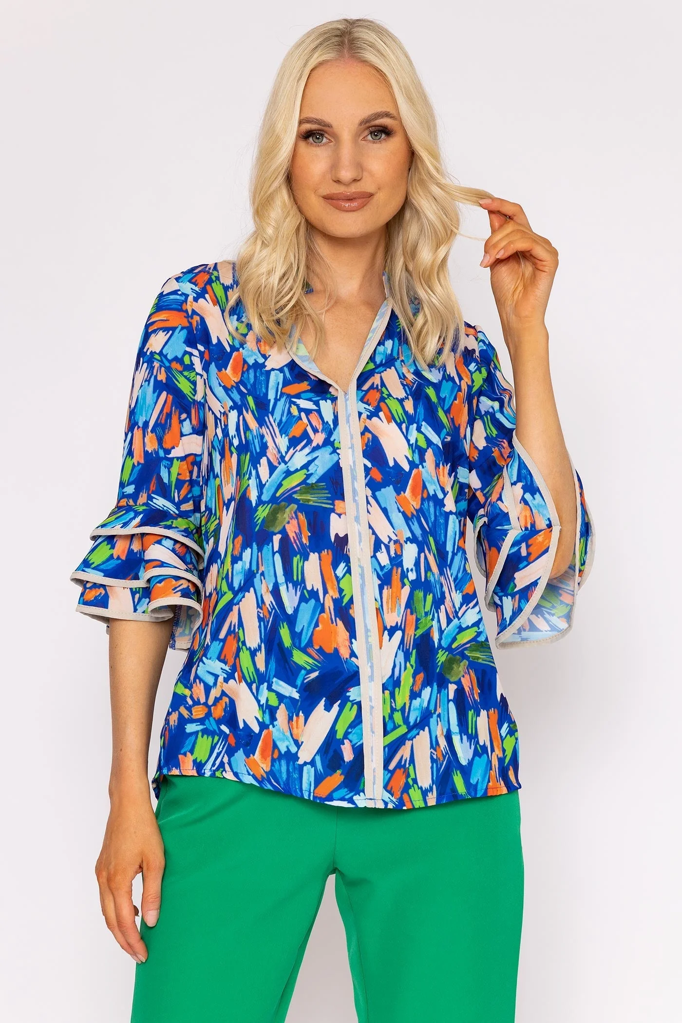 V-Neck Frill Sleeve Top in Blue Print