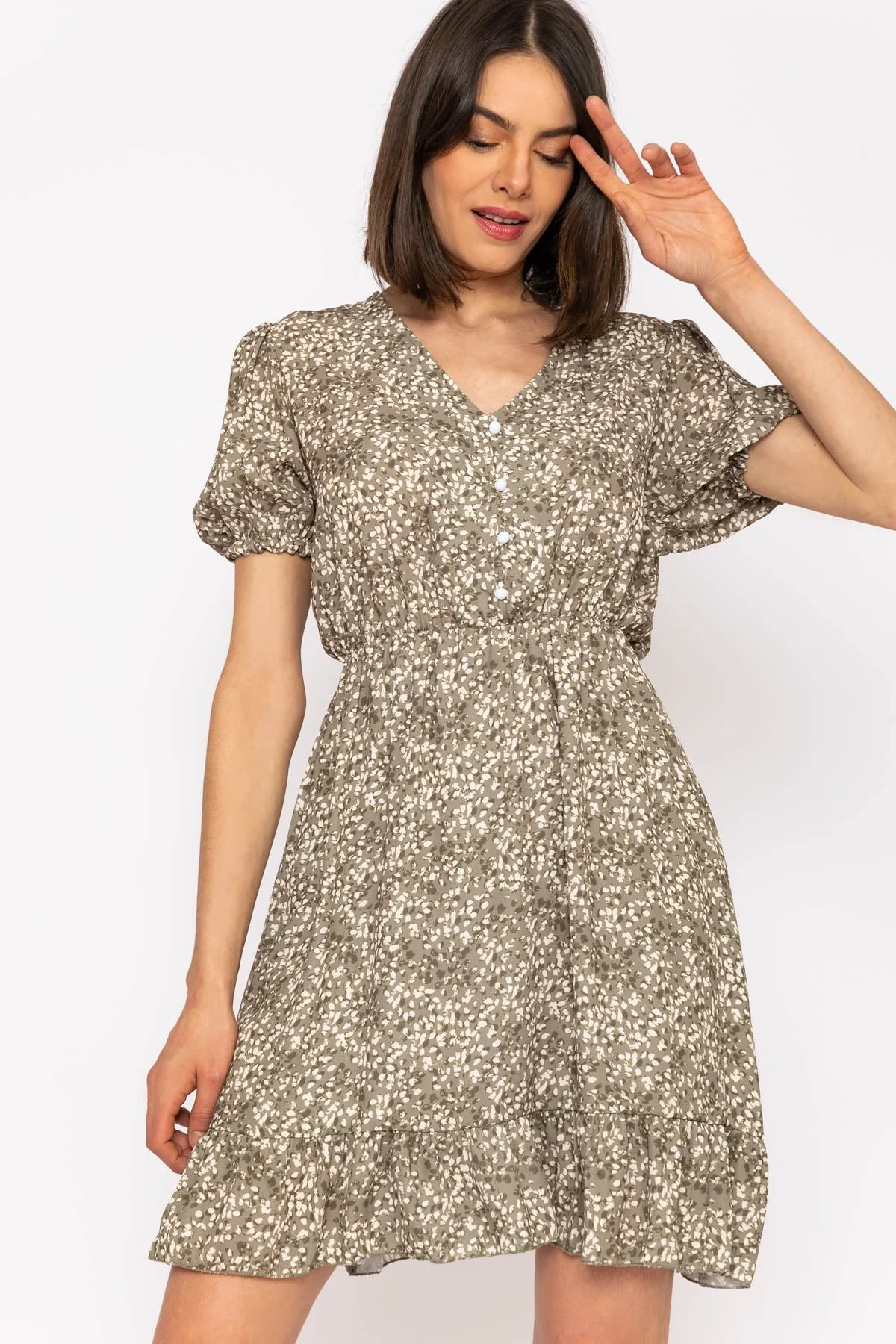 Kimberley Short Dress In Khaki Floral Print