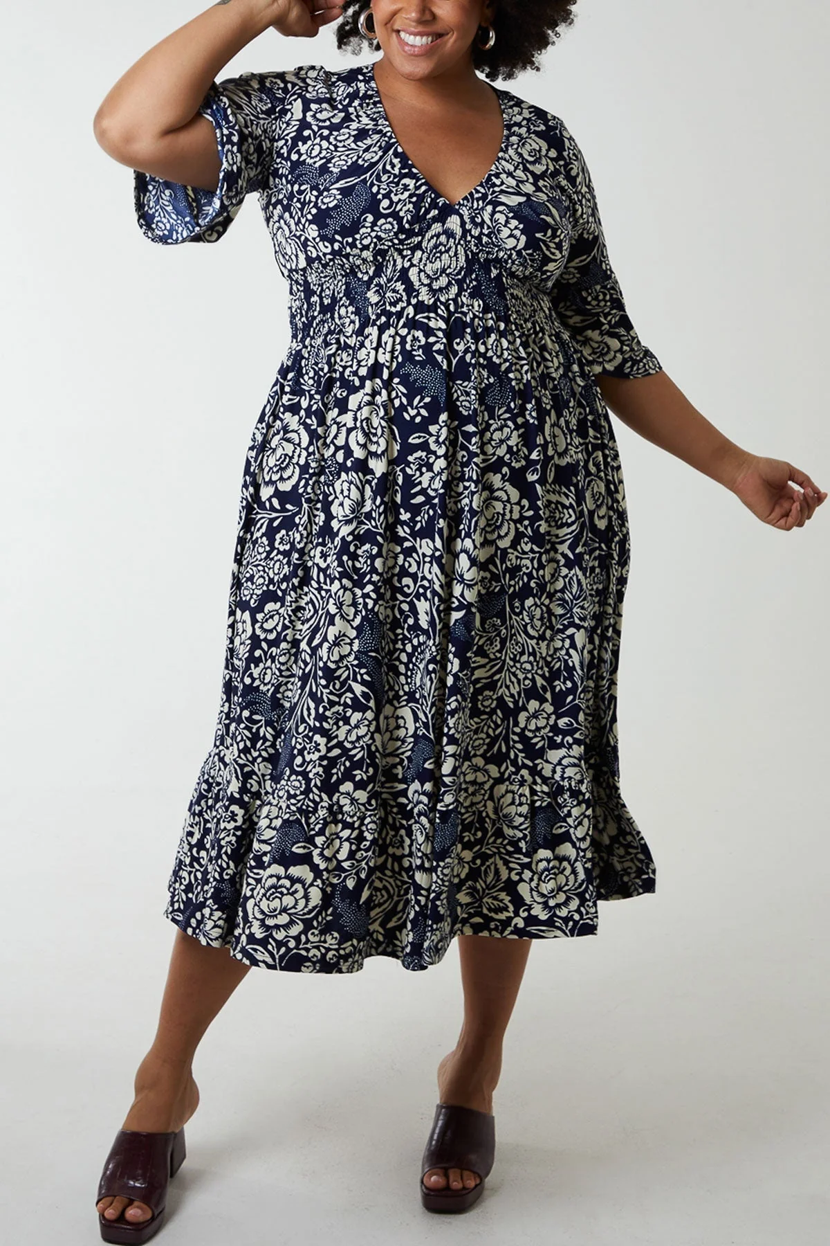 Navy Printed Midi Dress