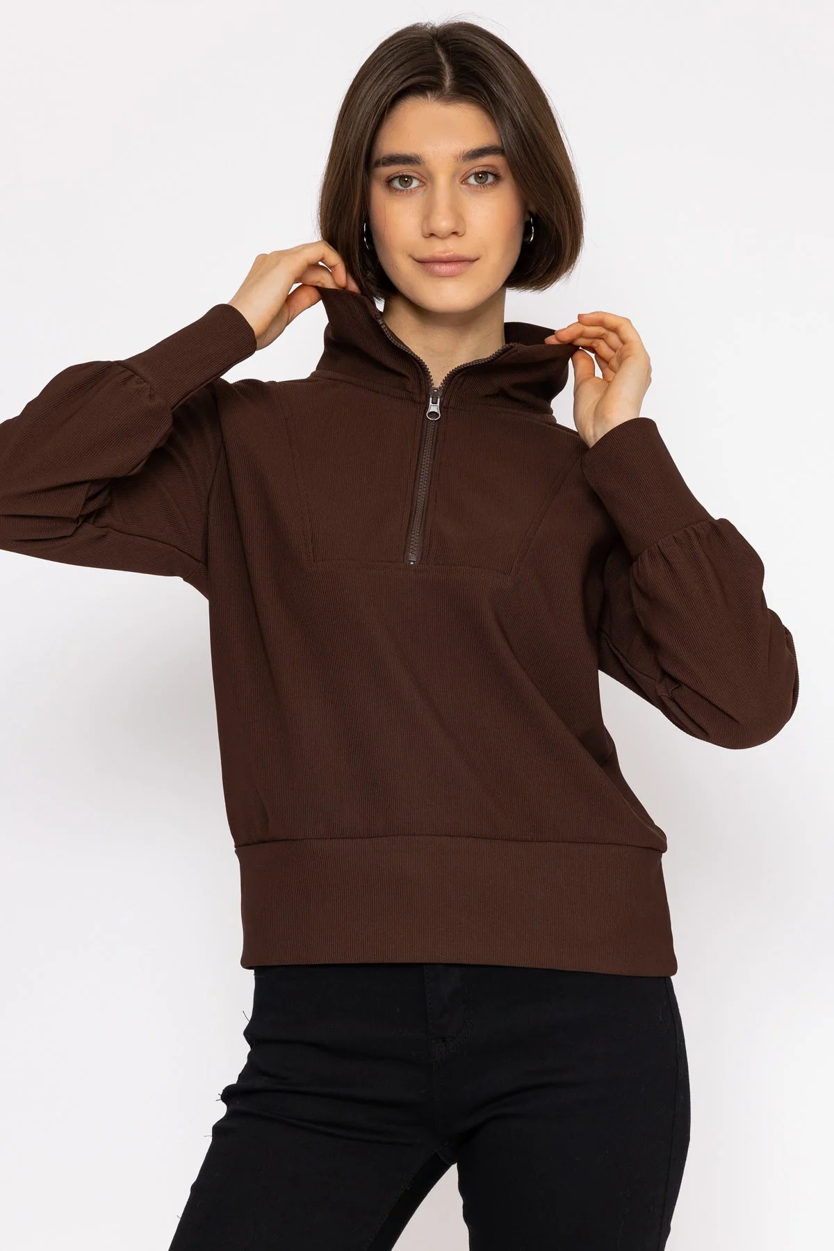 Oversized Zip Sweat Top in Coffee