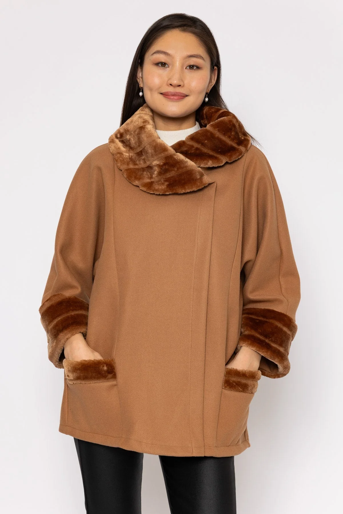 Faux Fur Trim Jacket in Camel