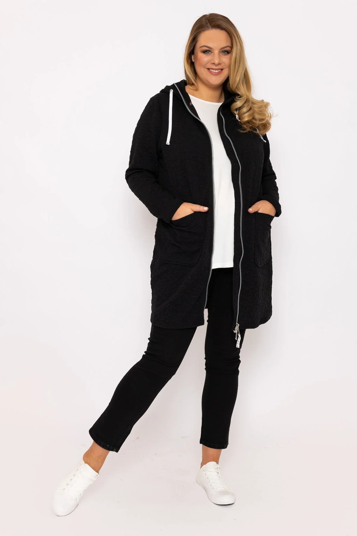 Longline Zip Jacquard Jacket in Black