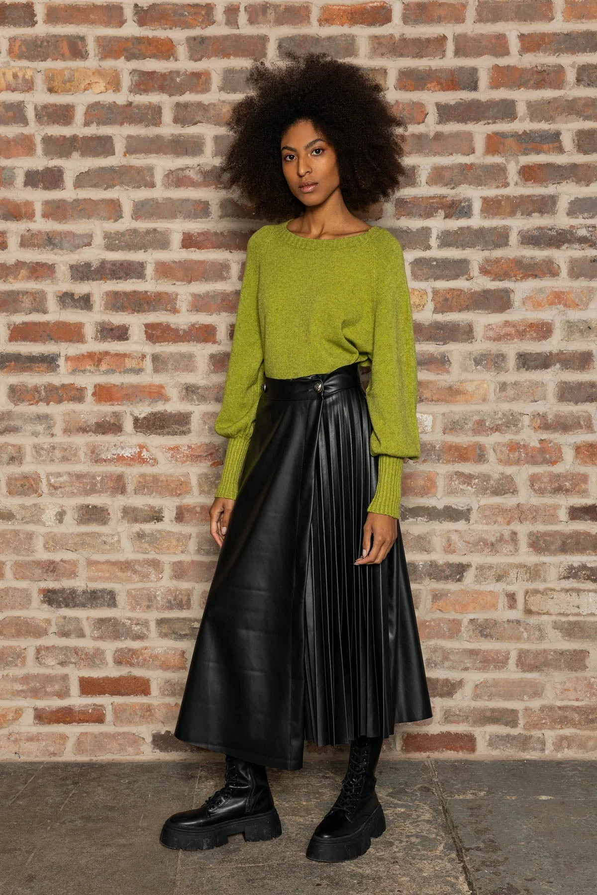 PU Pleated Midi Skirt