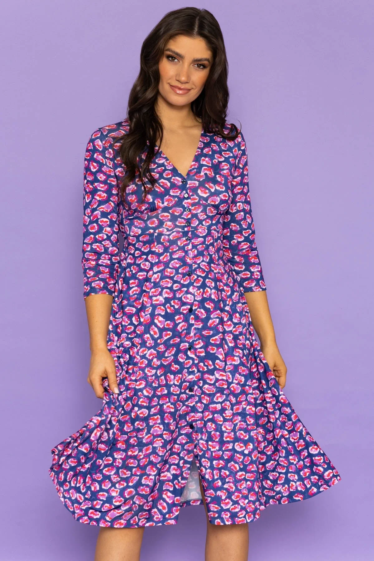 Angelina Midi Dress in Purple Print