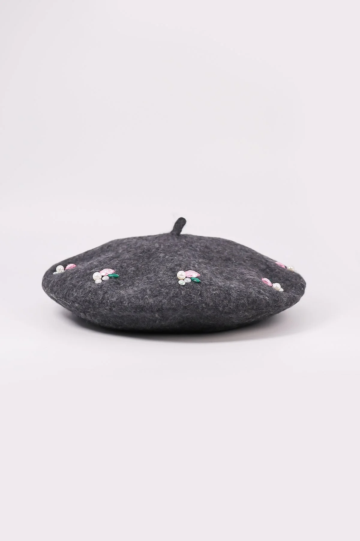 Embellished Wool Blend Beret in Grey