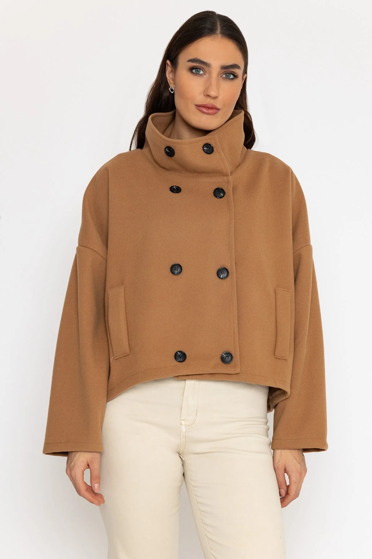 Short Funnel Neck Jacket in Camel