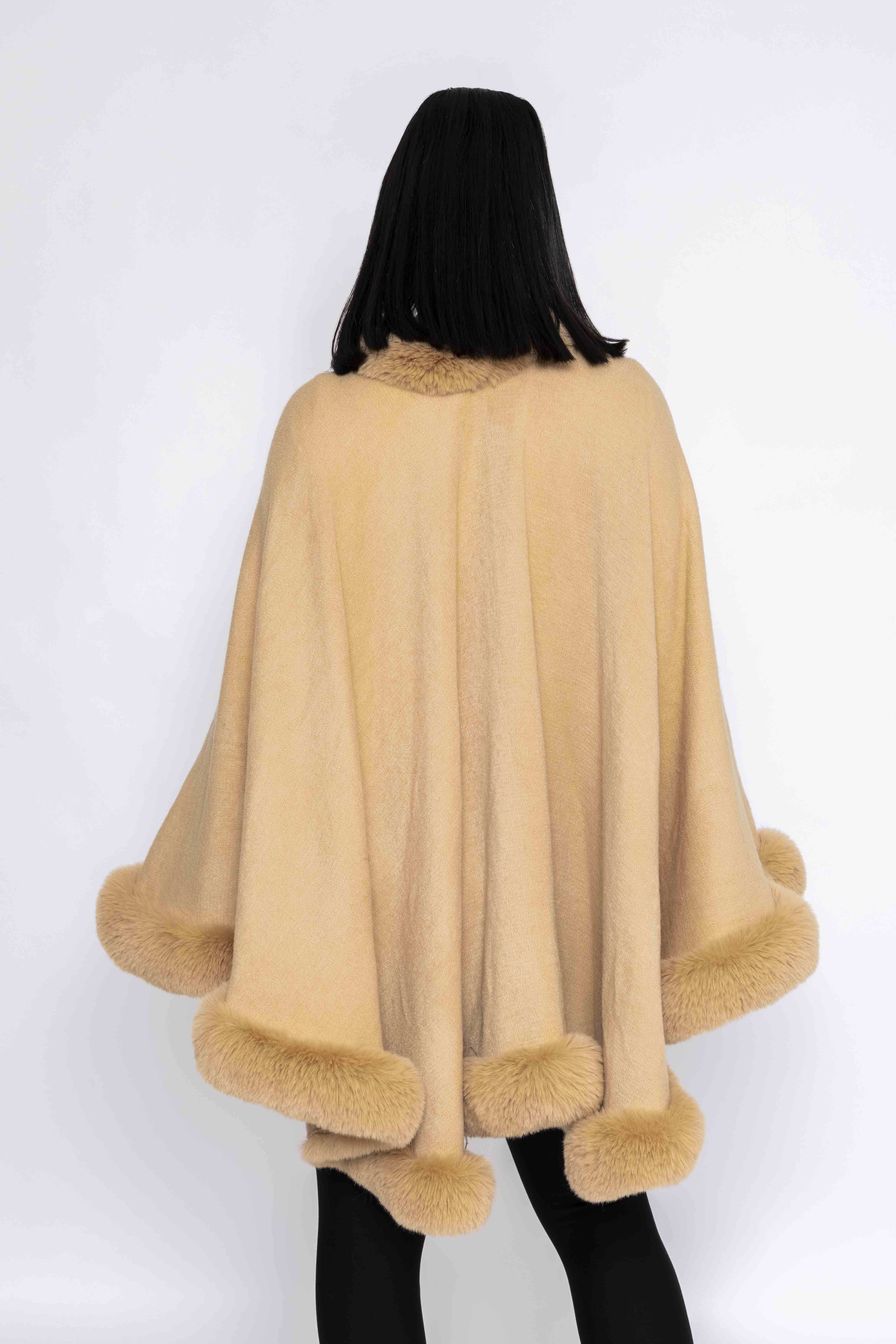 Faux Fur Trim Wrap in Camel