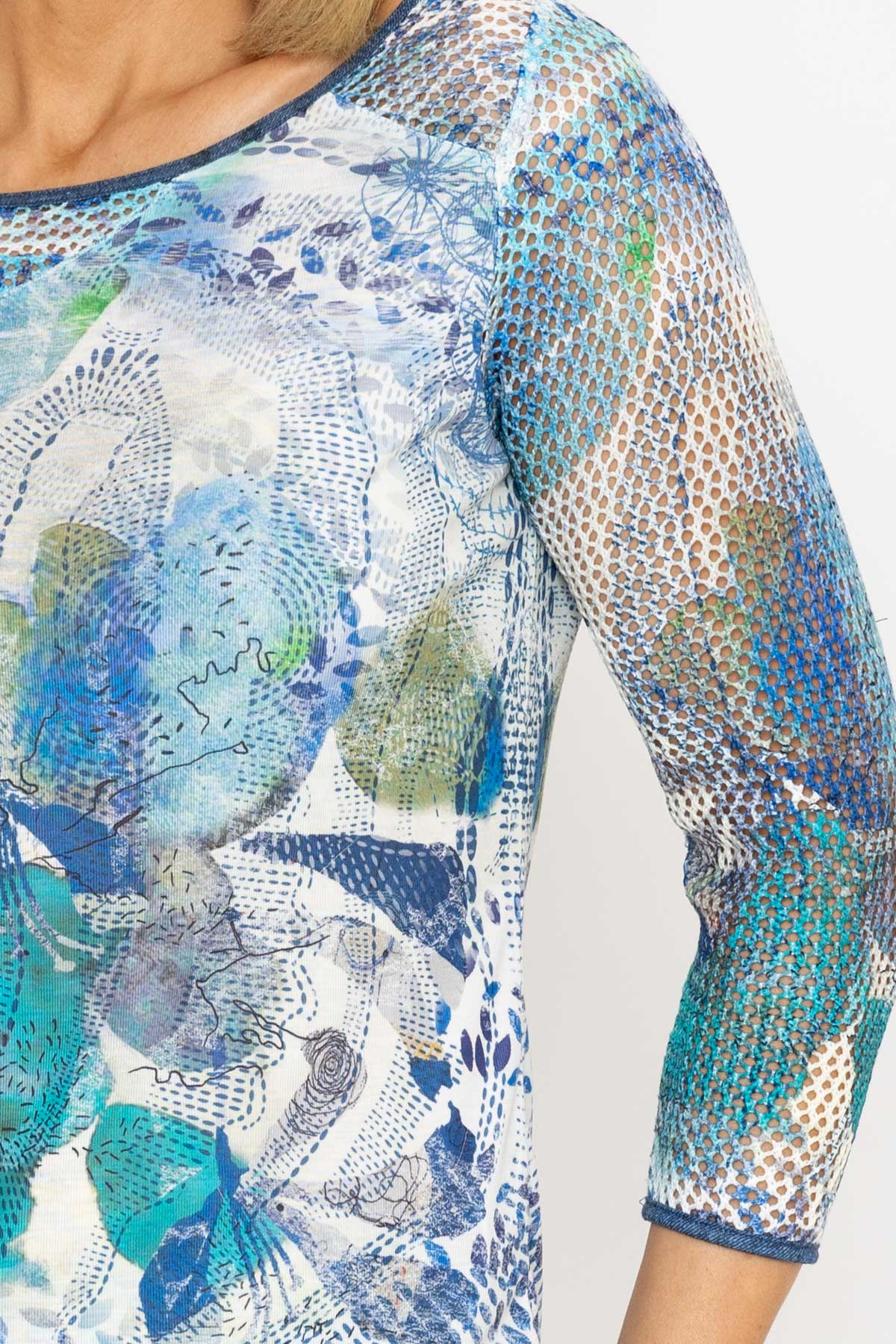 3/4 Sleeve Printed Round Neck Top in Aqua