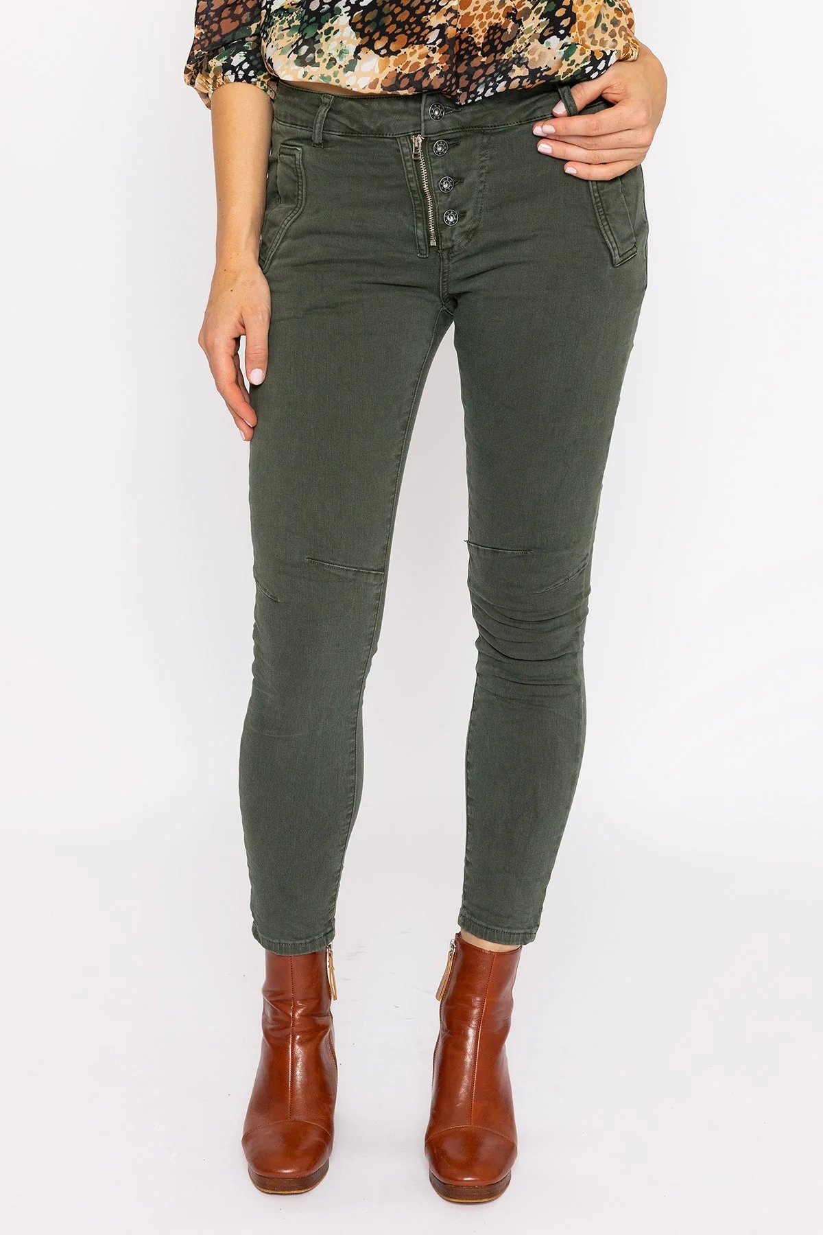 Button Front Jeans in Khaki