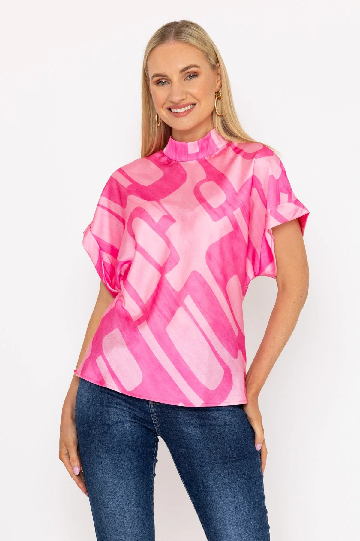 High Neck Sateen Top in Pink Print