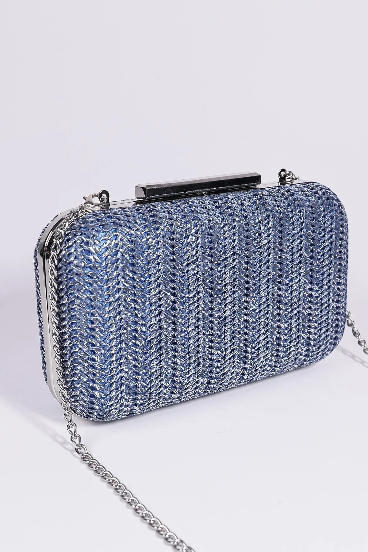 Woven Metallic Clutch in Navy