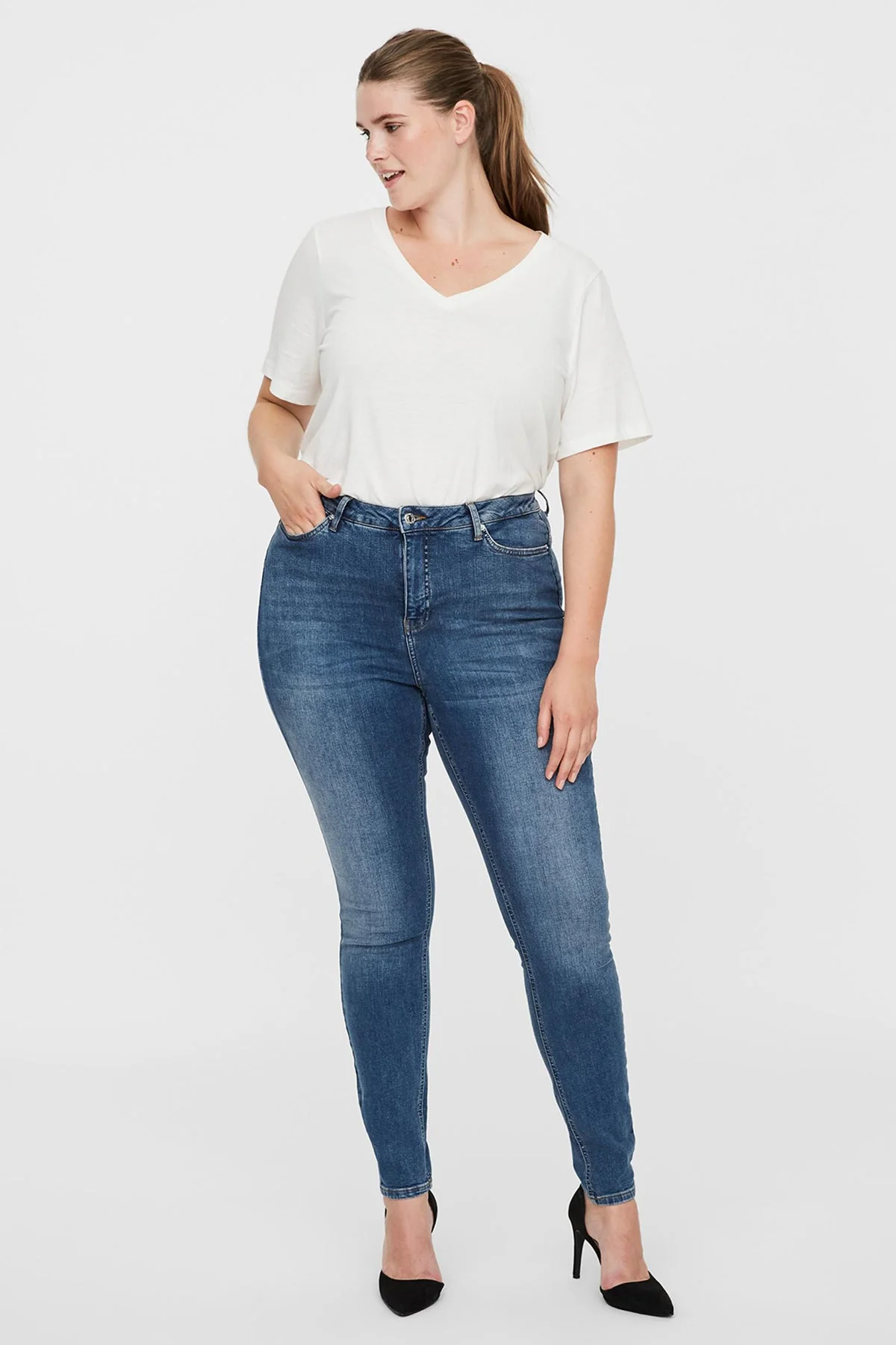 Curve - Lora High Waist Jeans in Medium Blue Denim