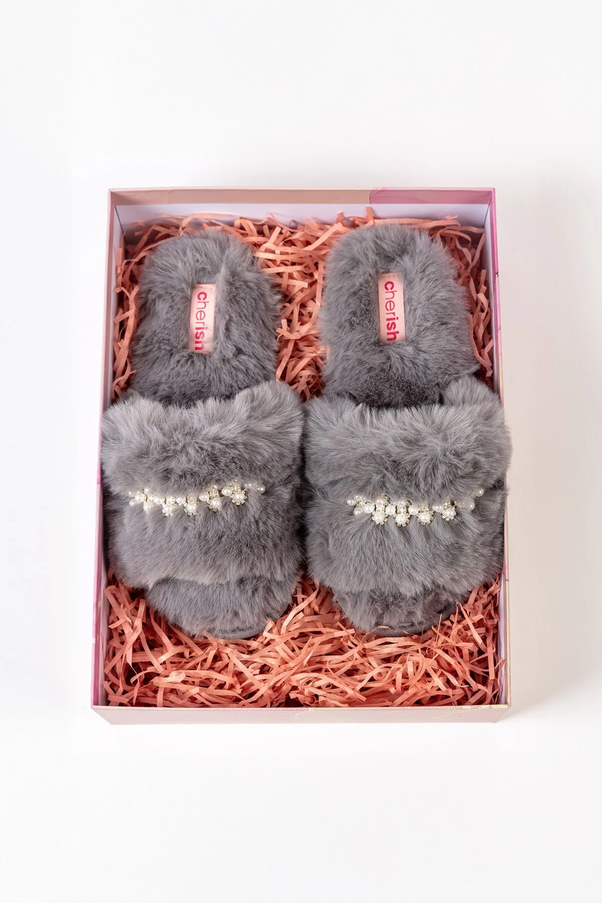 Boxed Embellished Slippers in Grey