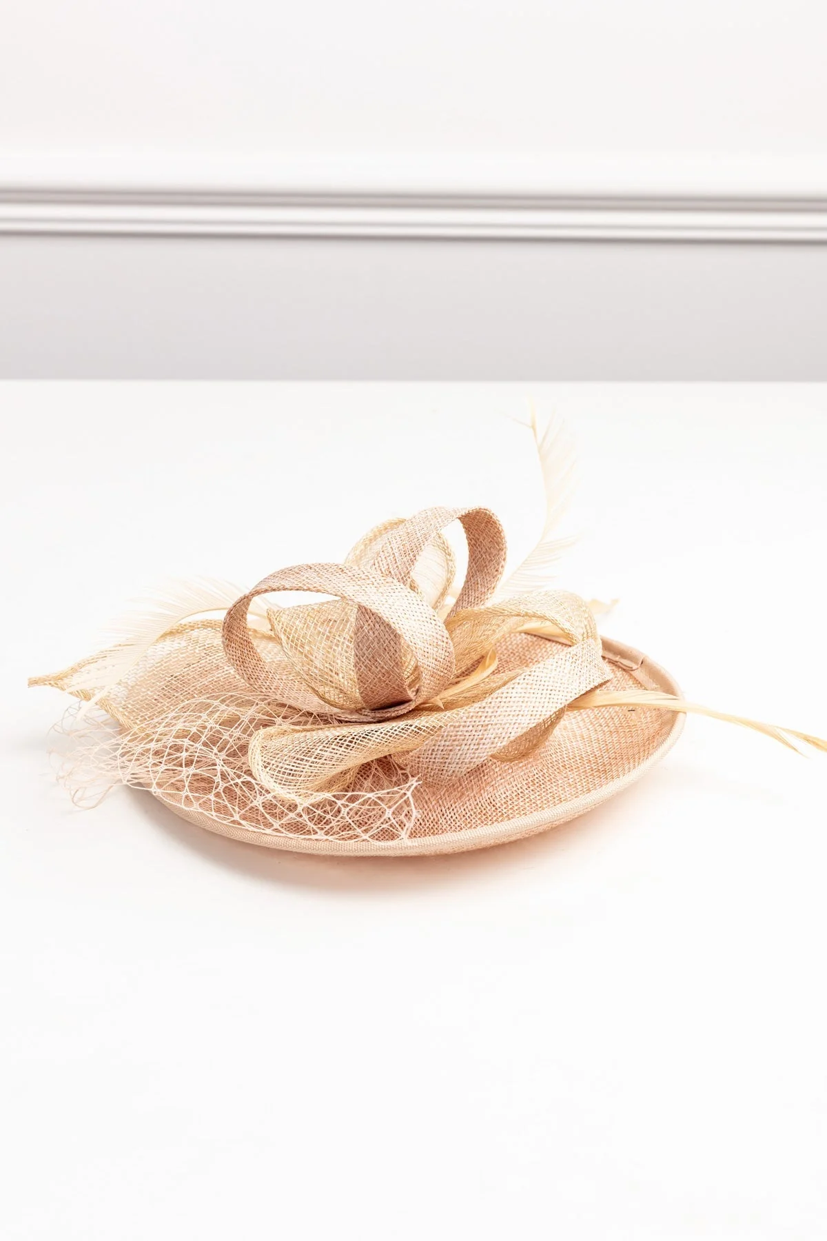 Net & Feather Fascinator in Taupe
