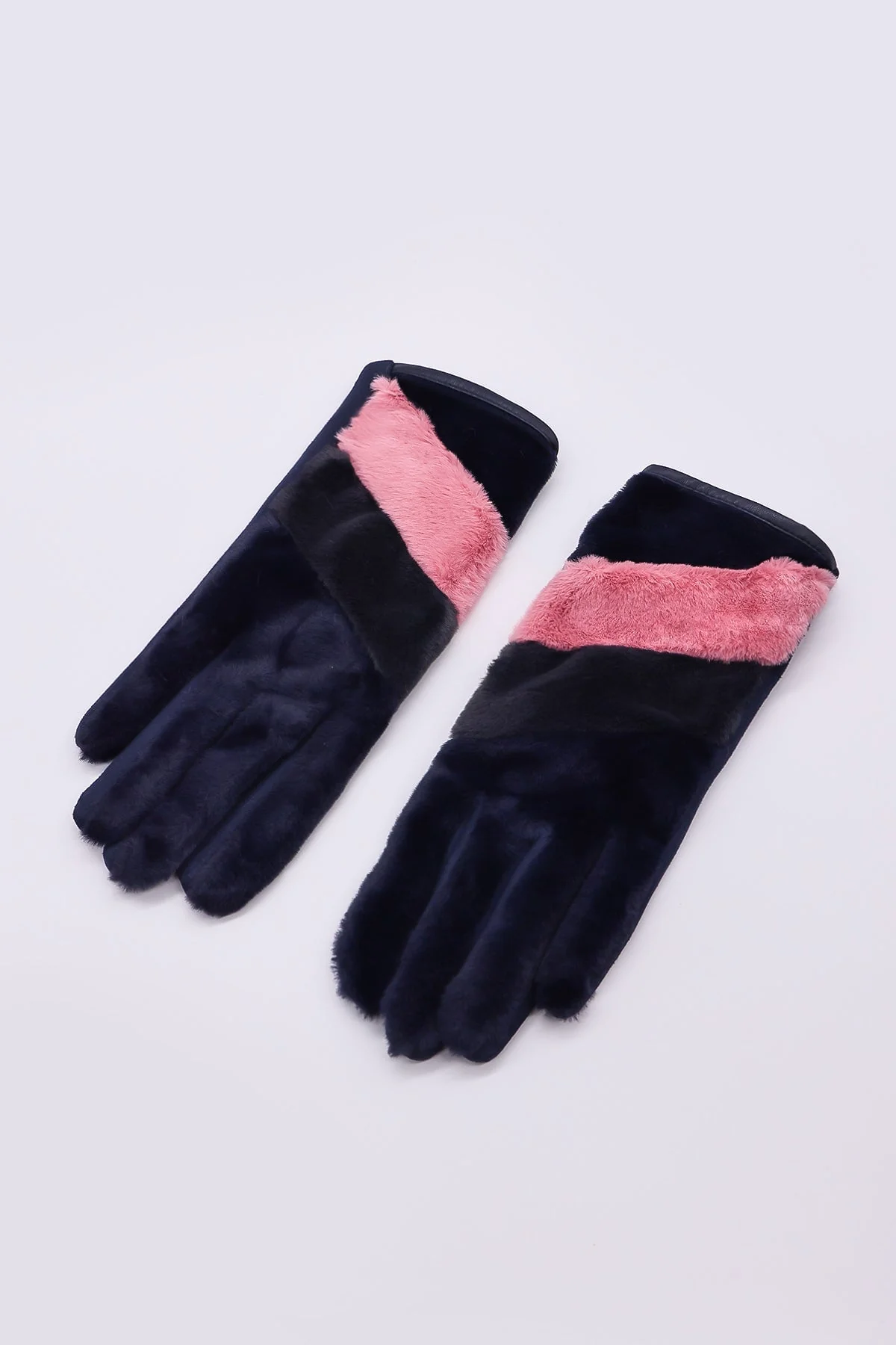 Faux Fur Stripe Glove in Navy