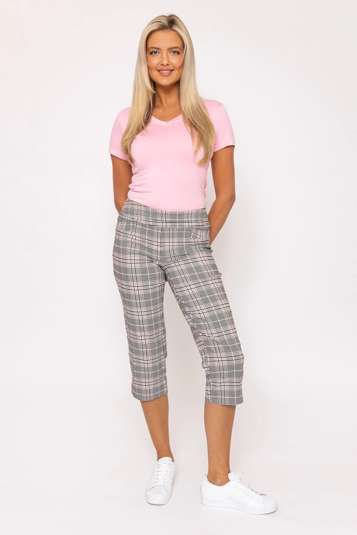 Bengaline Check Crop Pants in Pink Print