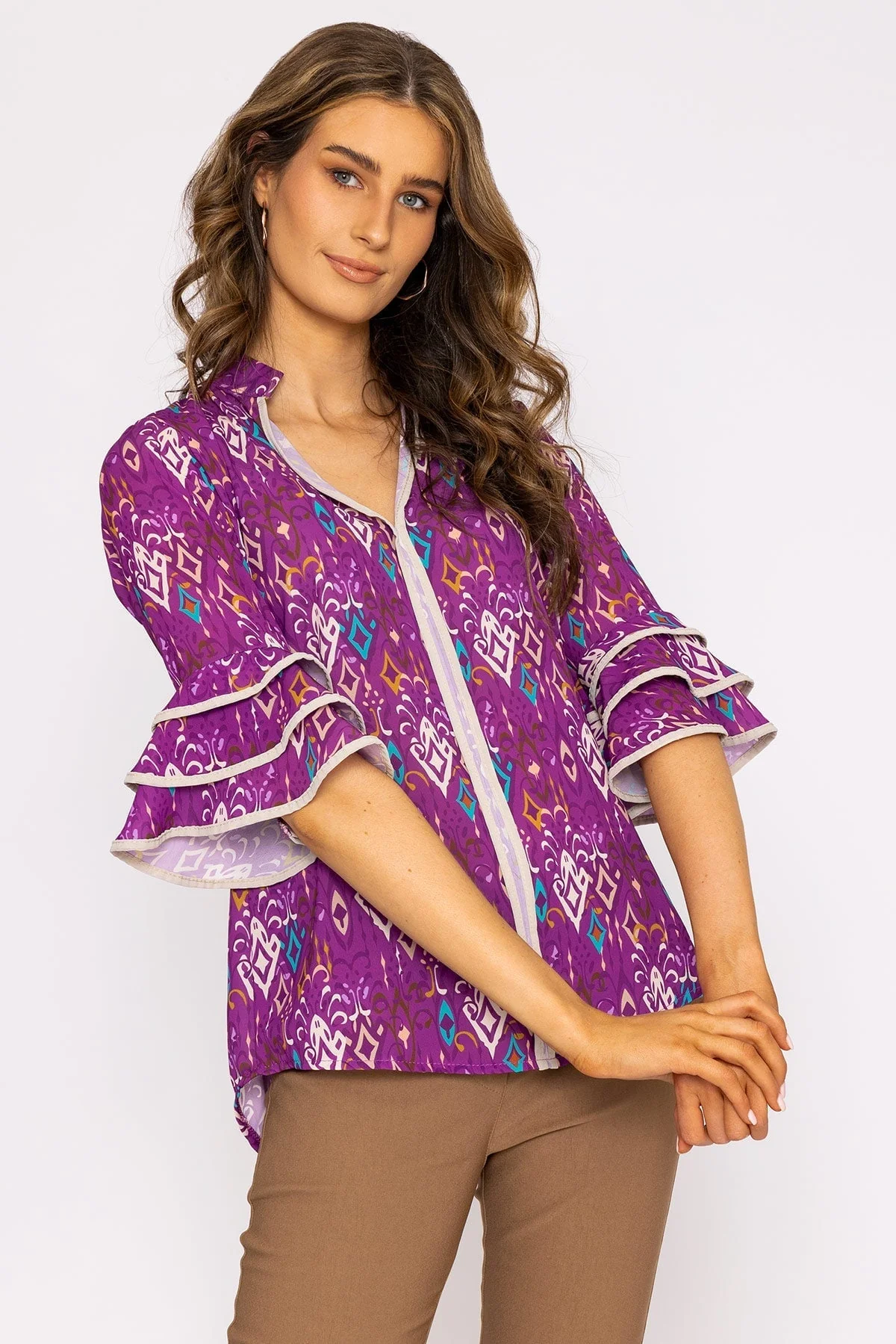 V-Neck Frill Sleeve Top in Magenta Print