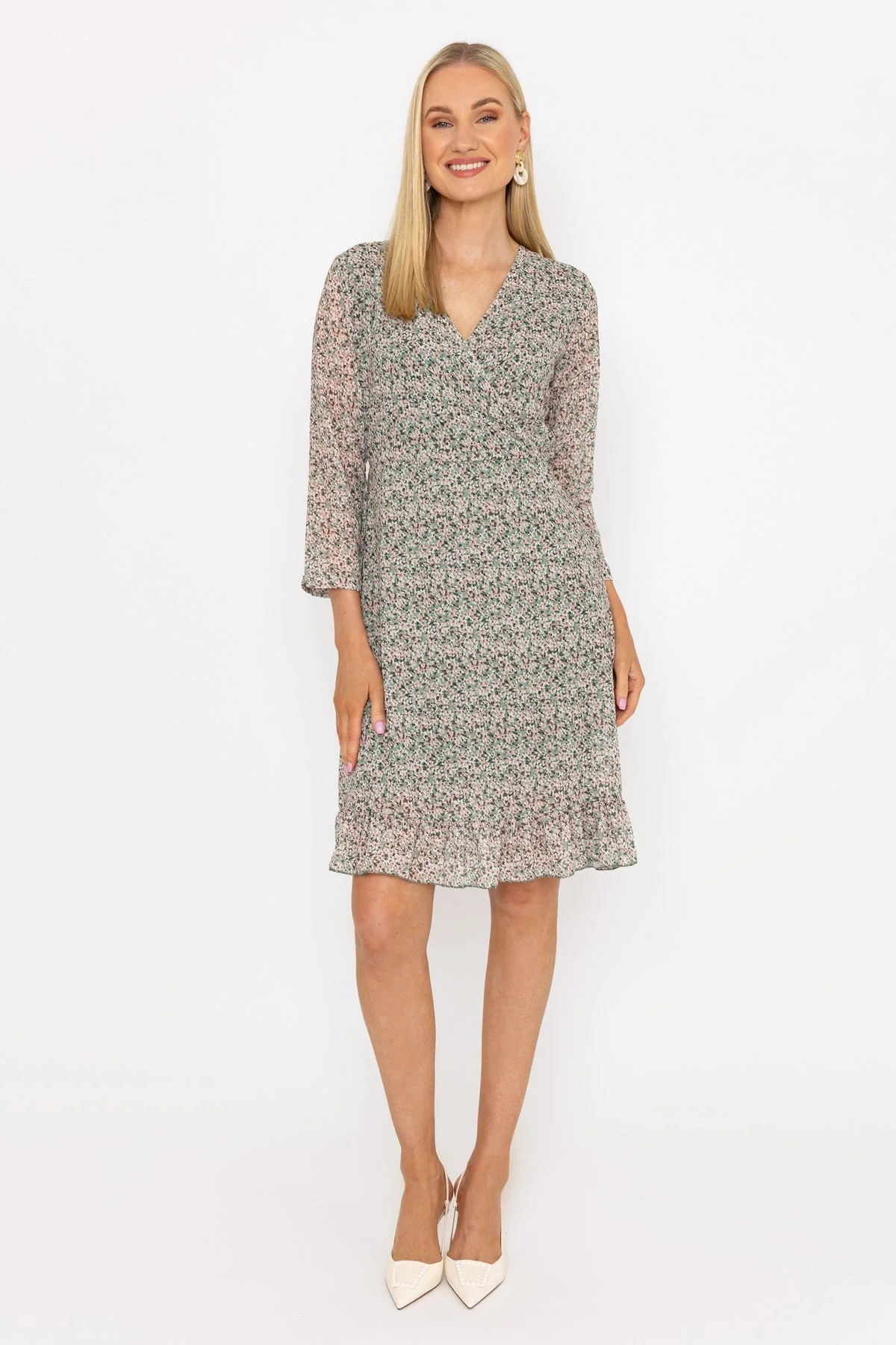 Roisin Knee Length Dress in Khaki Print
