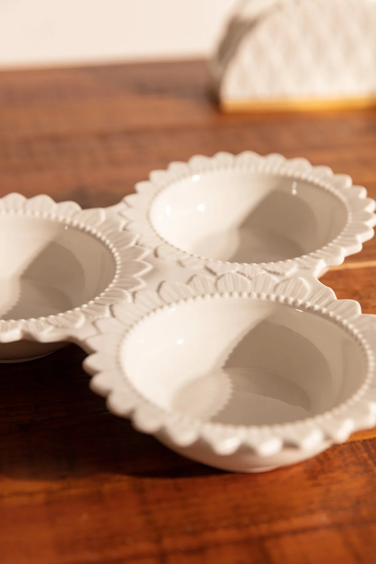 White Ceramic Round Triple Dip Dish