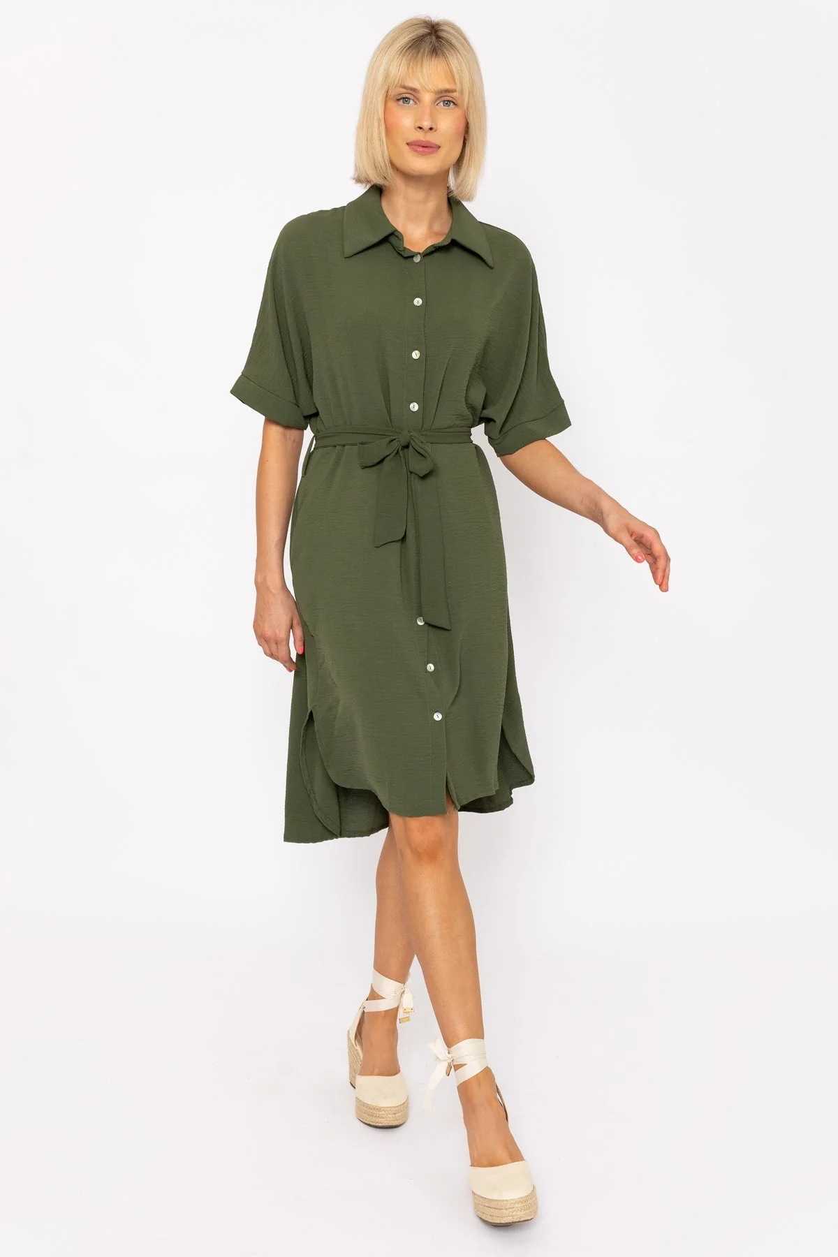 Khaki Green Belted Shirt Dress