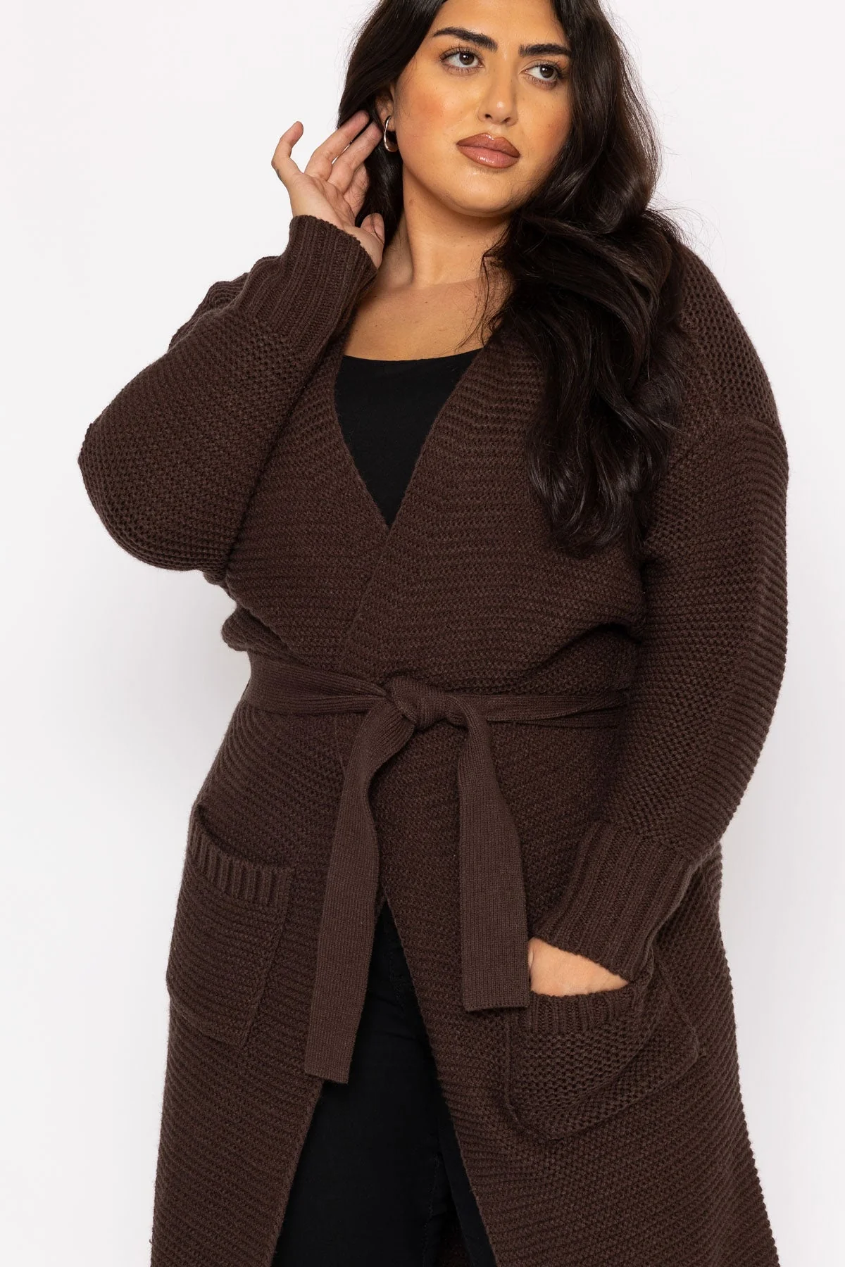 Curve - Long Belted Cardigan in Brown