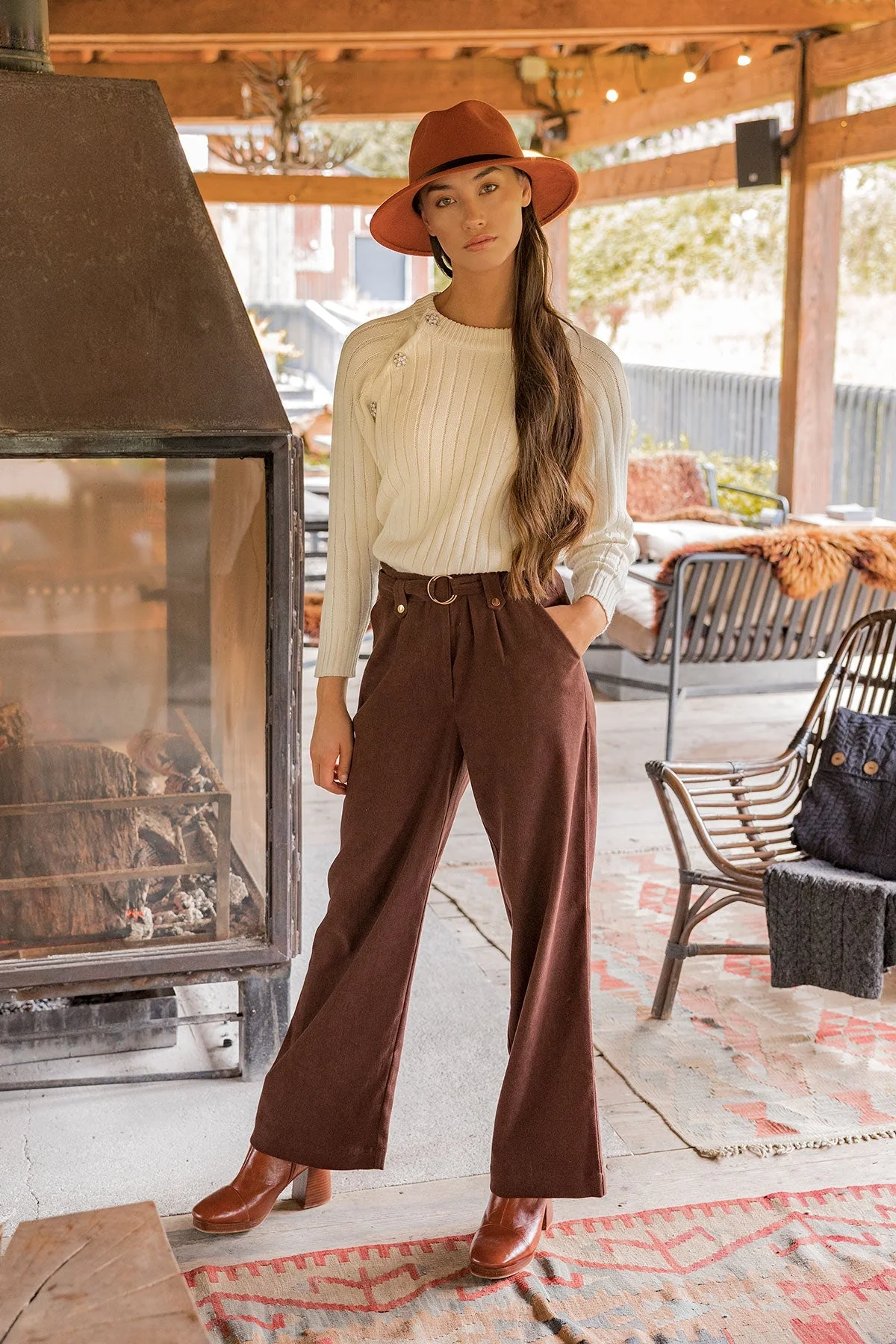 Wide Leg Twill Pant in Chocolate