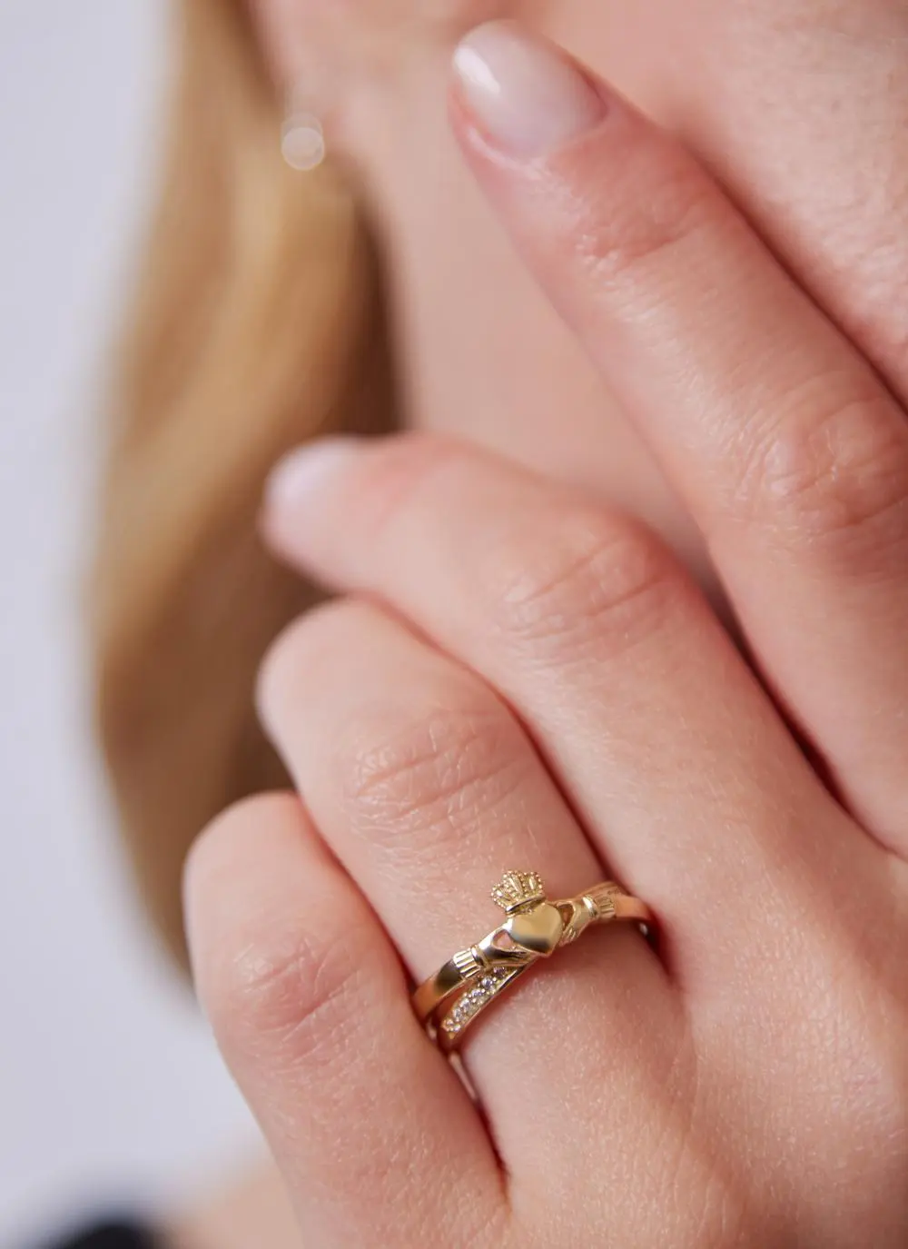 9ct Gold Claddagh Crossover Ring with White Cubic Zirconia