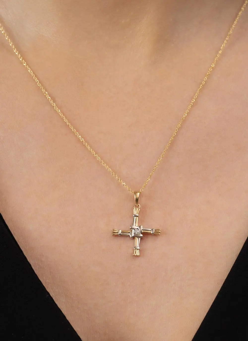 14ct Two Tone Diamond Set St. Brigid's Cross Pendant