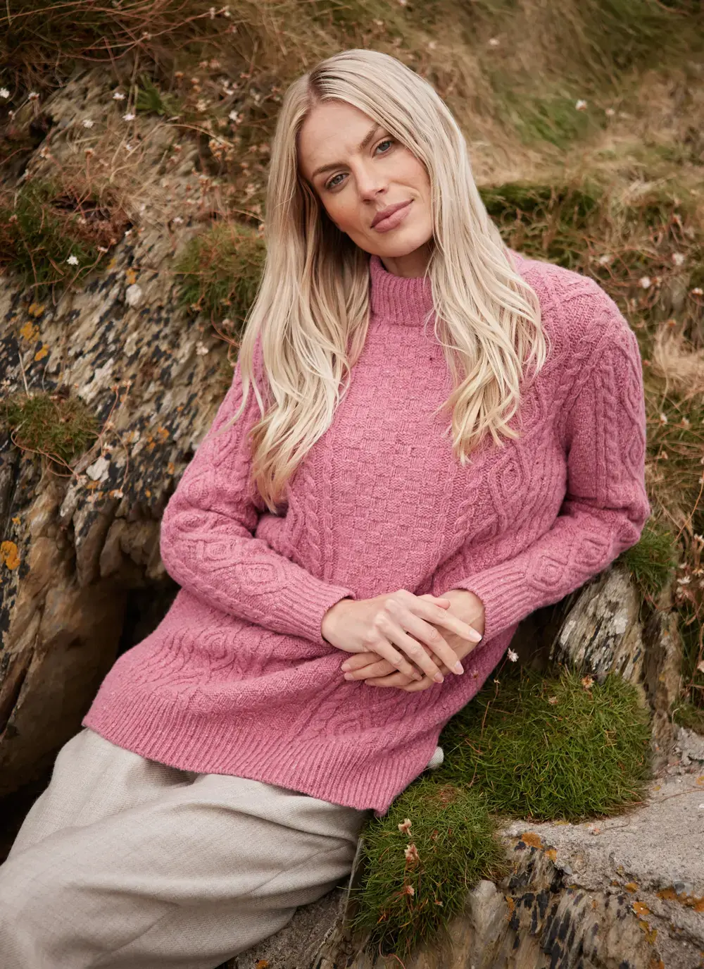 Grainne Wool Cashmere Turtle Neck Aran Sweater