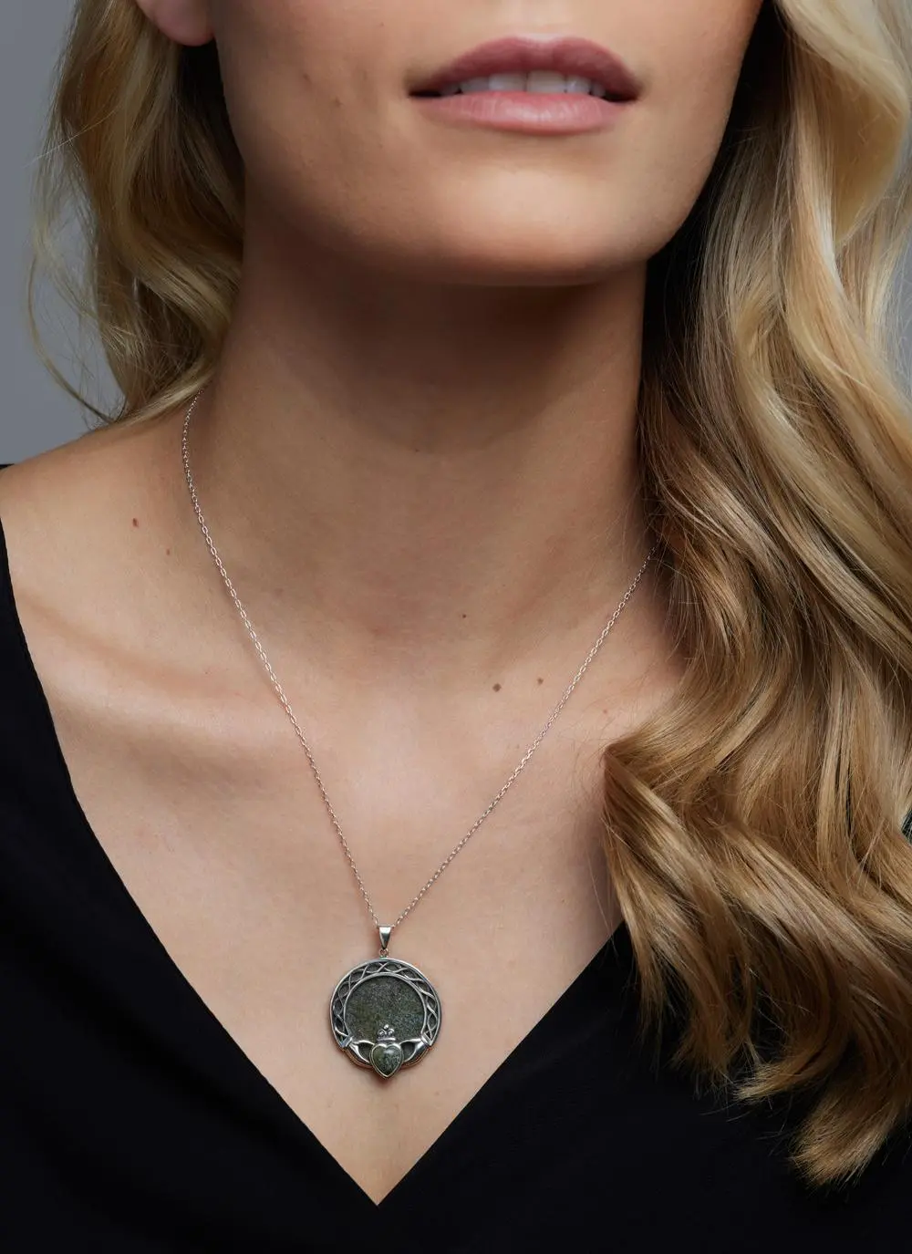 Sterling Silver Connemara Marble Claddagh Overlay Pendant