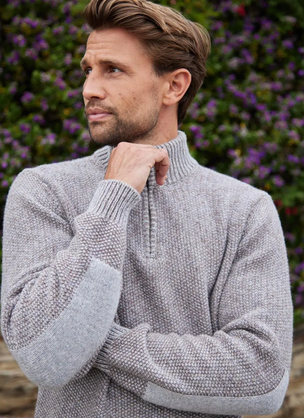 Fisherman Lambswool Seed Stitch Zip Neck Sweater