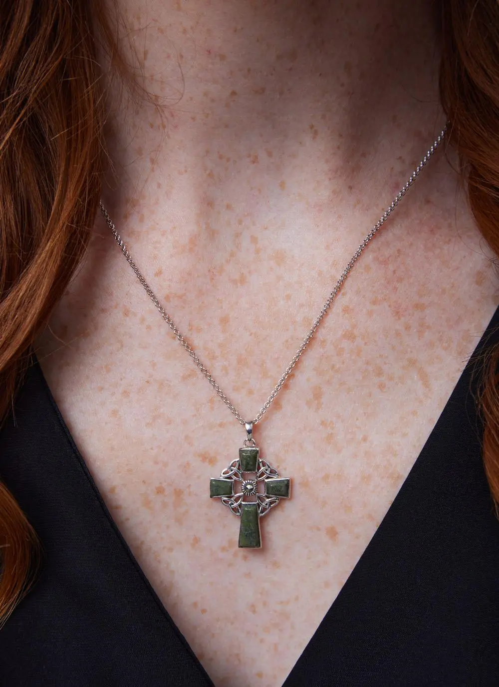 Sterling Silver Connemara Marble Celtic Cross Pendant