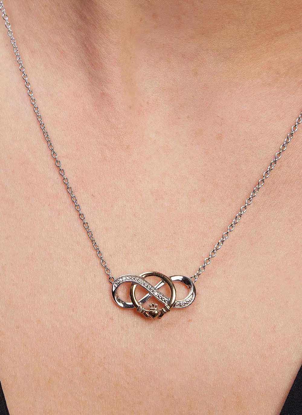 10ct Gold & Silver Diamond Claddagh Infinity Necklet