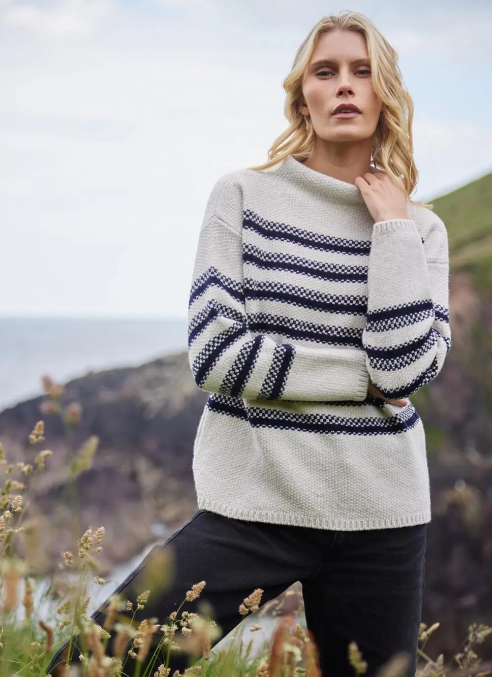 Fisherman Merino Mock Neck Sweater with Stripe