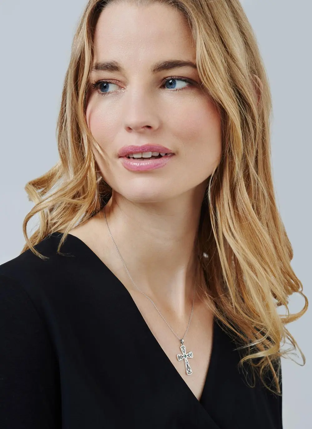 Sterling Silver & Marcasite Celtic Cross Pendant with Green Cubic Zirconia