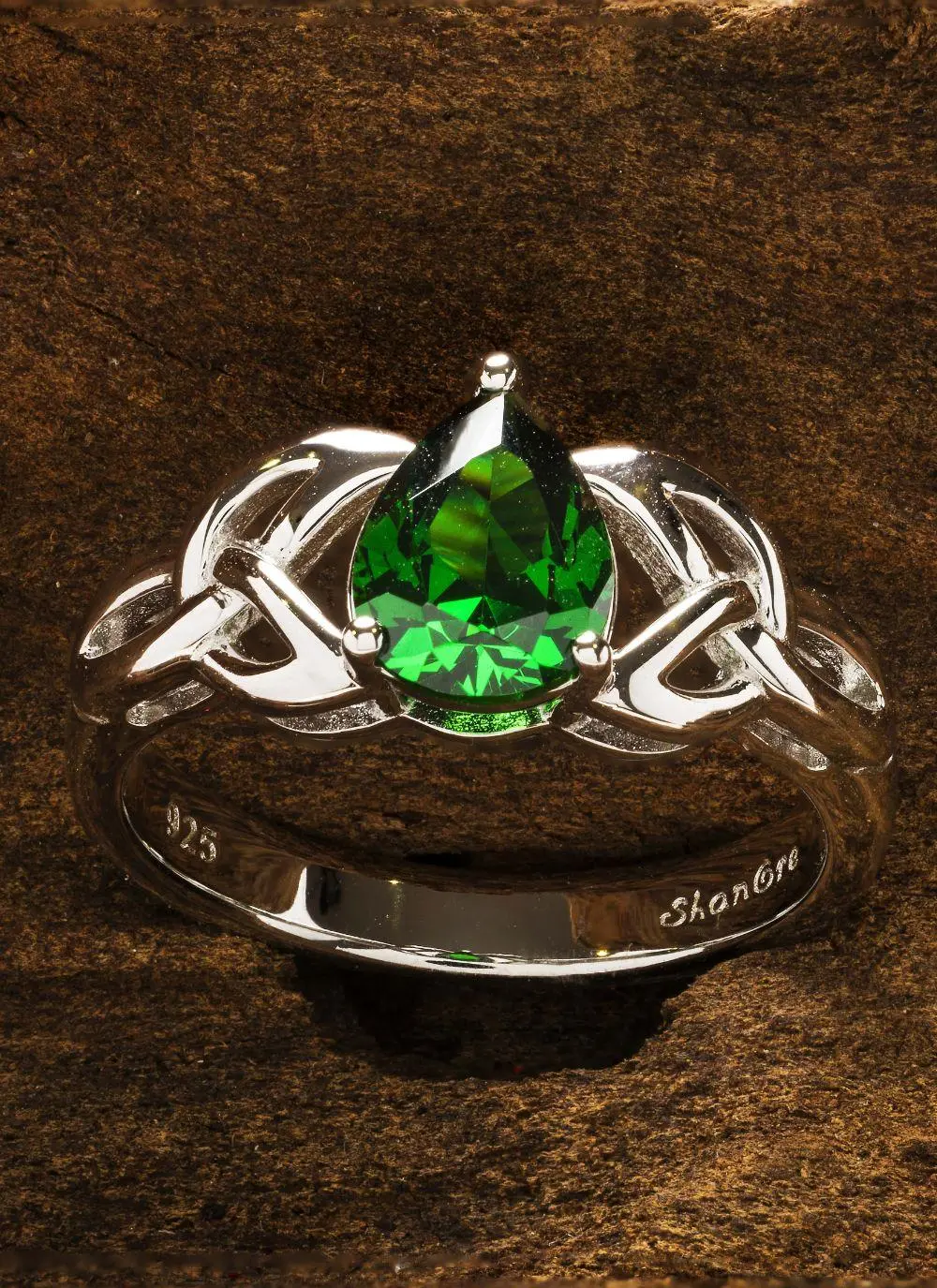 Sterling Silver Trinity Knot Ring with Green Stone