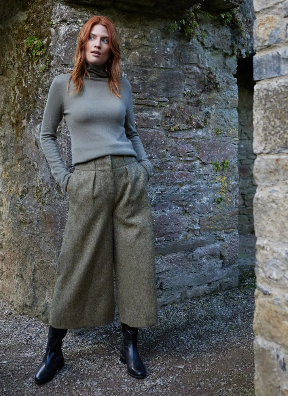 Herringbone Tweed Culottes in Brown/Grey