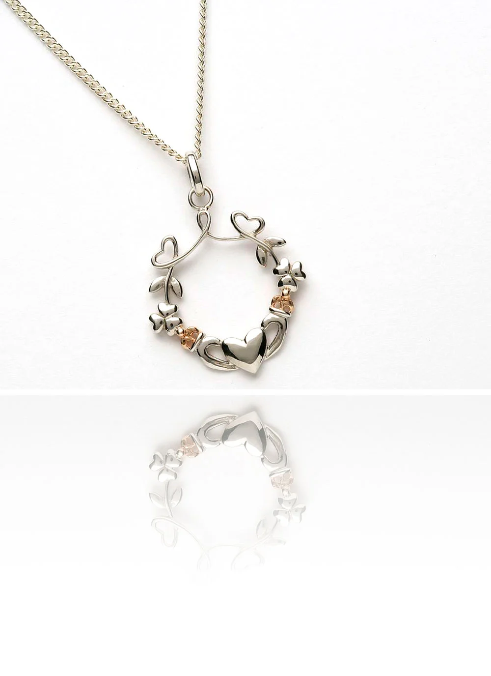 Sterling Silver Shamrock Claddagh Heart Pendant