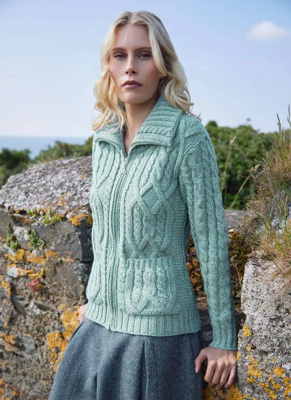 Ella Double Collar Aran Zip Cardigan