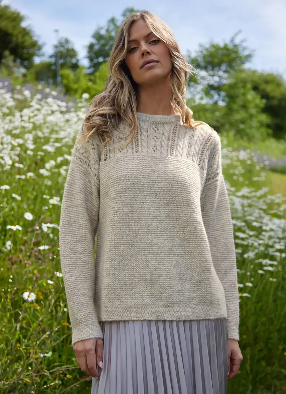 Fisherman Alpaca Eyelet Stitch Crew Neck Sweater