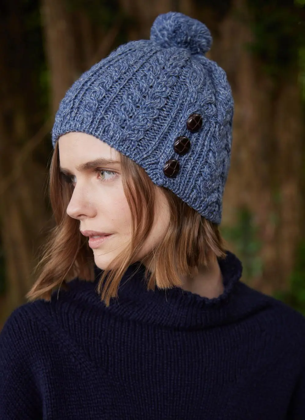 Merino Aran Button Pom Pom Hat