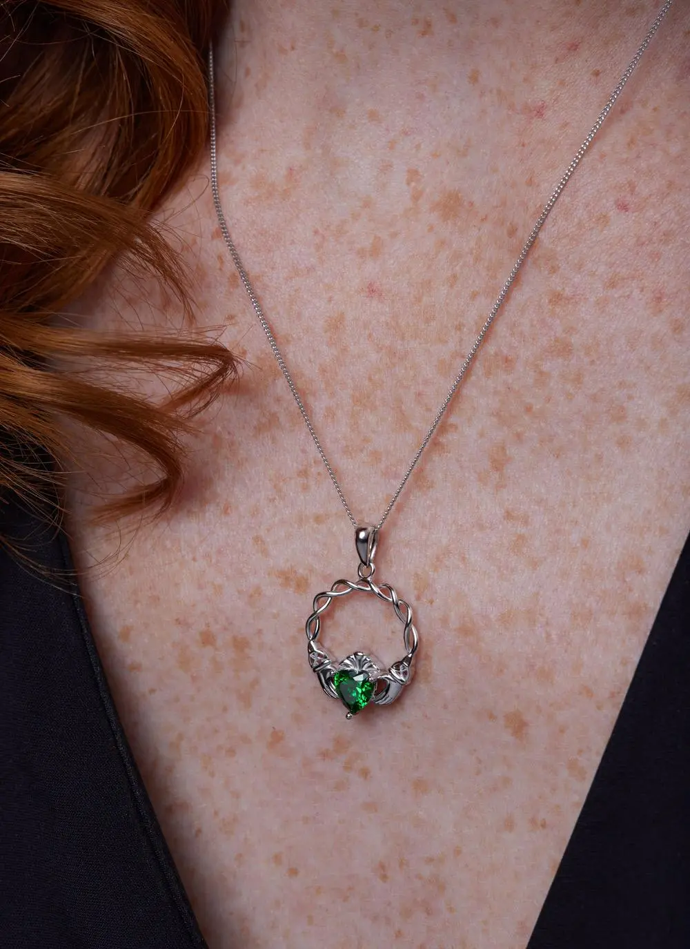 Sterling Silver Green Stone Claddagh Pendant