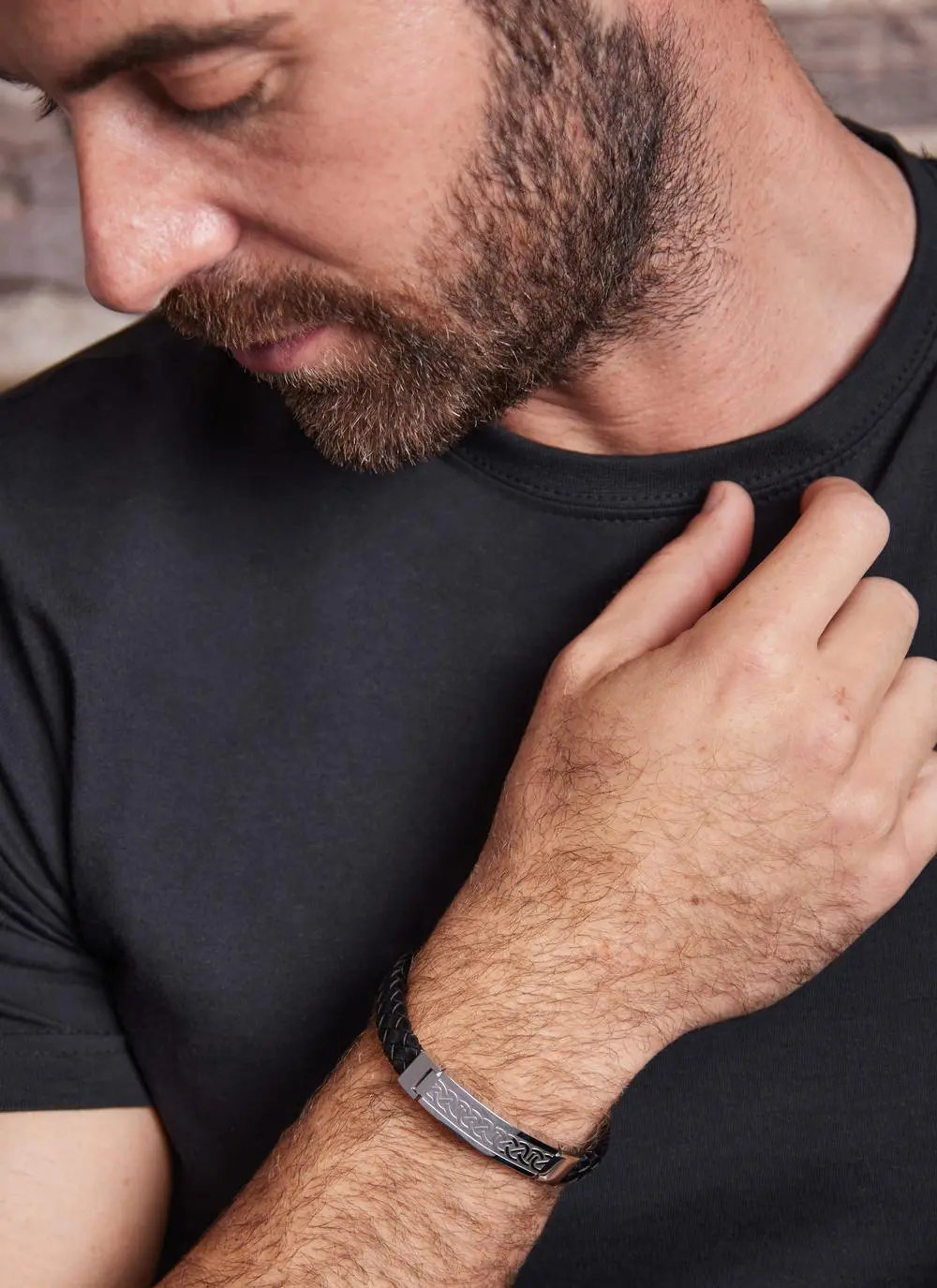 Black Leather Celtic Bracelet with Stainless Steel