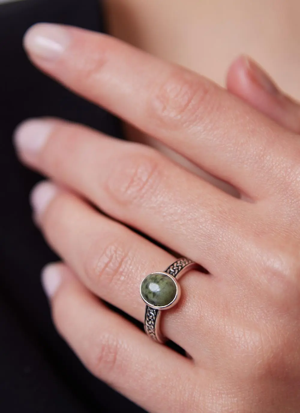 Sterling Silver Oxidized Celtic Ring with Connemara Marble