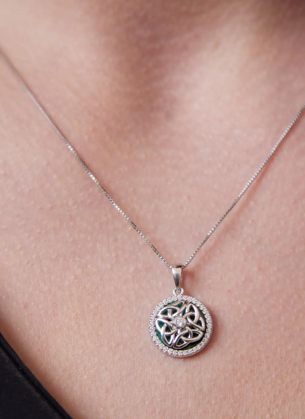 Sterling Silver & Malachite Celtic Knot Pendant with Cubic Zirconia