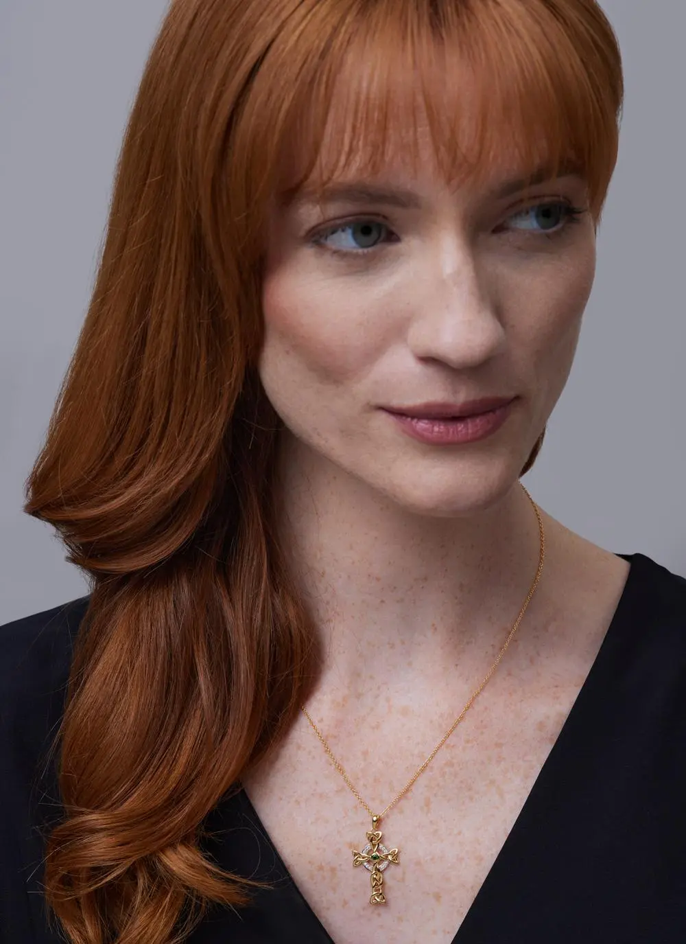 14ct Gold Vermeil Celtic Cross Pendant with White & Green Cubic Zirconia