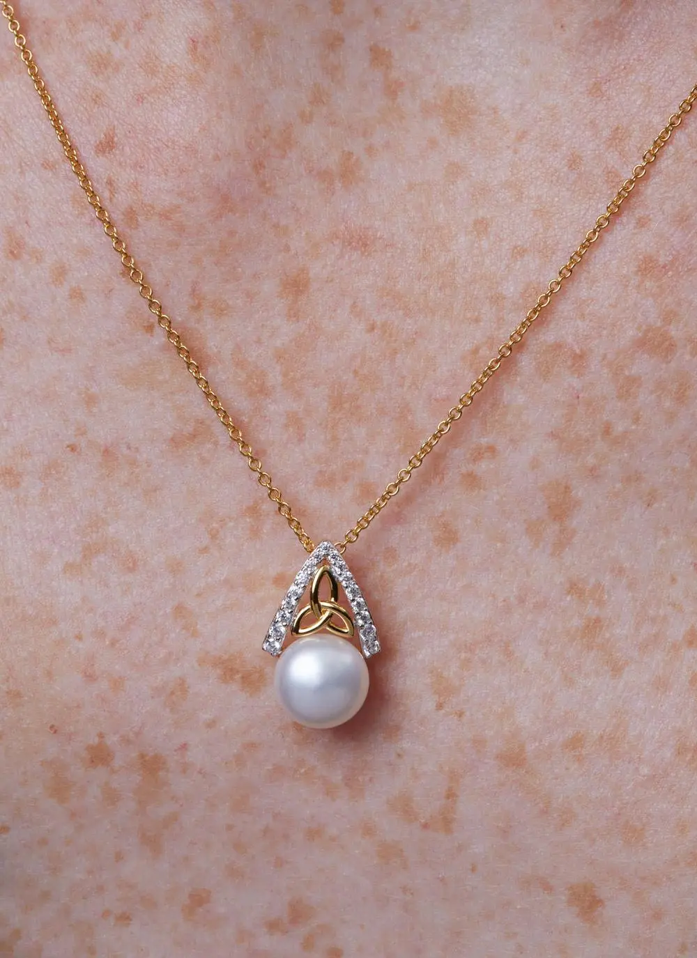 14Ct Gold Vermeil Trinity Knot Pearl Pendant with White Cubic Zirconia