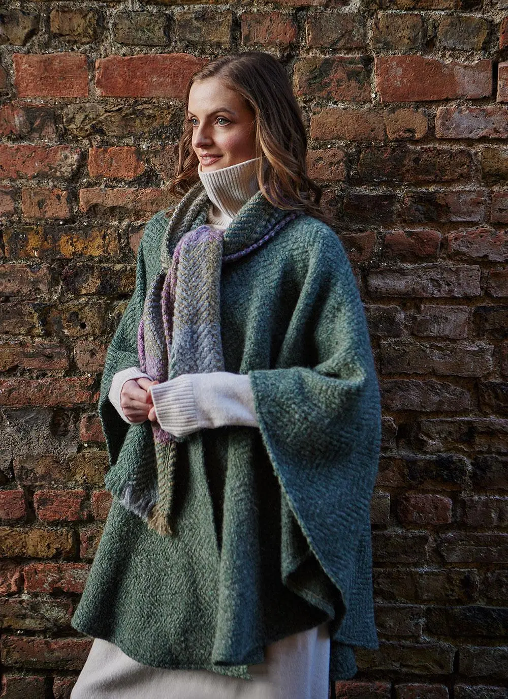 Ciara Wool Herringbone Cape with Scarf