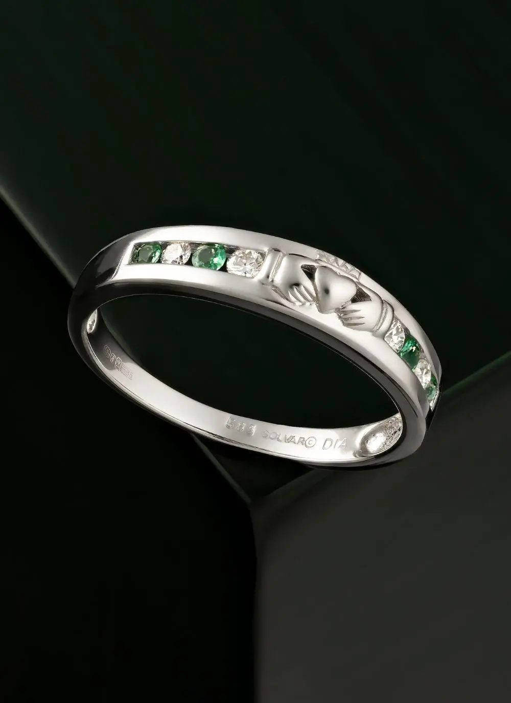 14ct White Gold & Diamond Claddagh Eternity Ring with Emerald